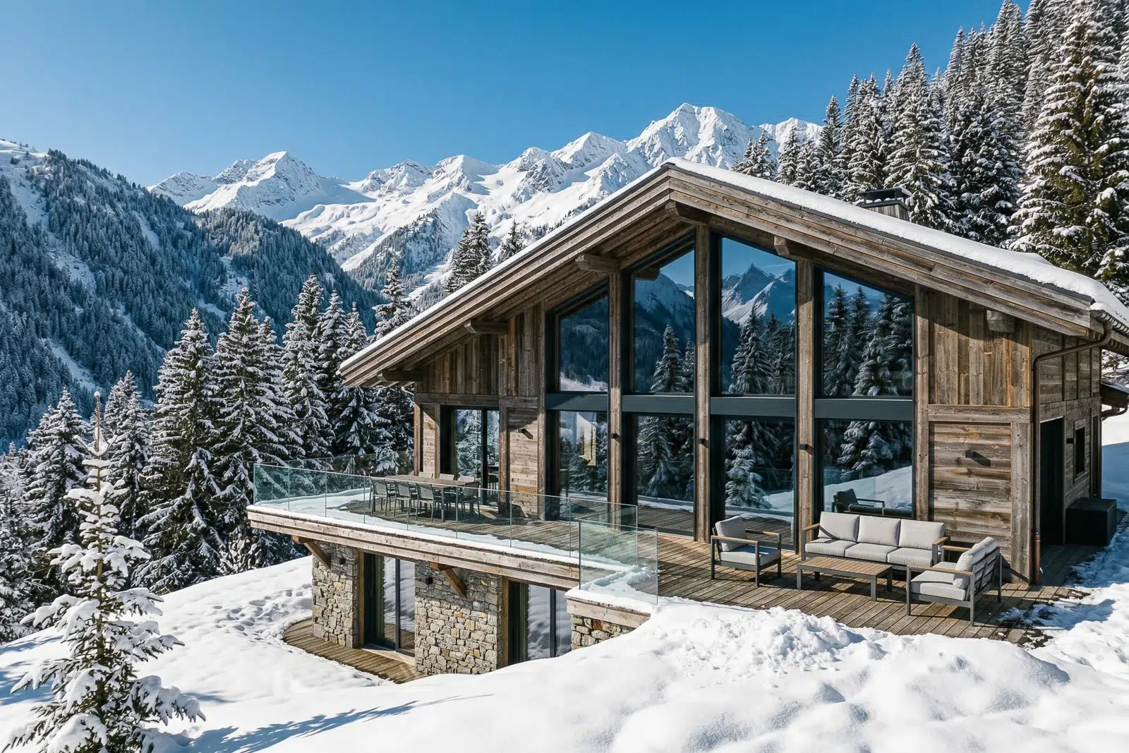 Photographe architecture Lyon capturant un chalet en bois sous la neige des Alpes.