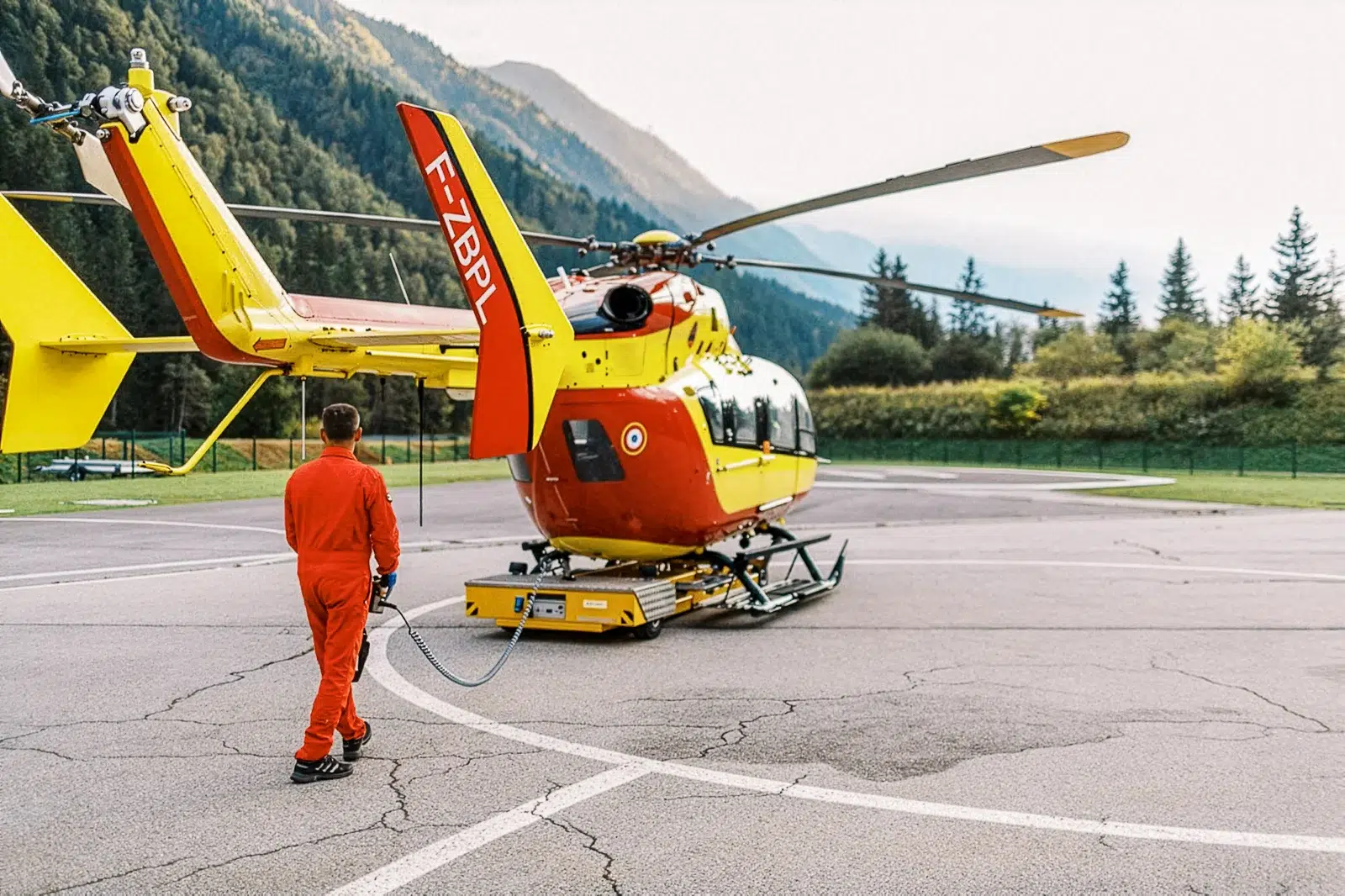 Photographe reportage Lyon : secouriste en combinaison orange marchant vers un hélicoptère jaune et rouge sur un héliport.