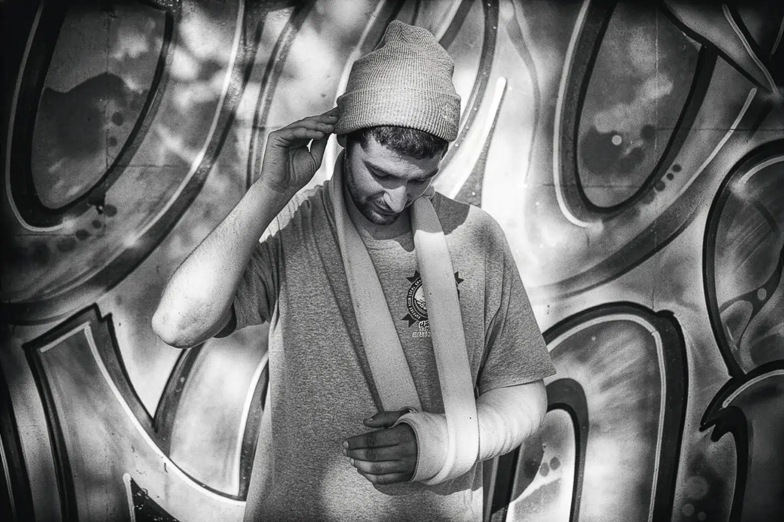 Photographe portrait Lyon : homme avec bras en écharpe devant un mur de graffitis.