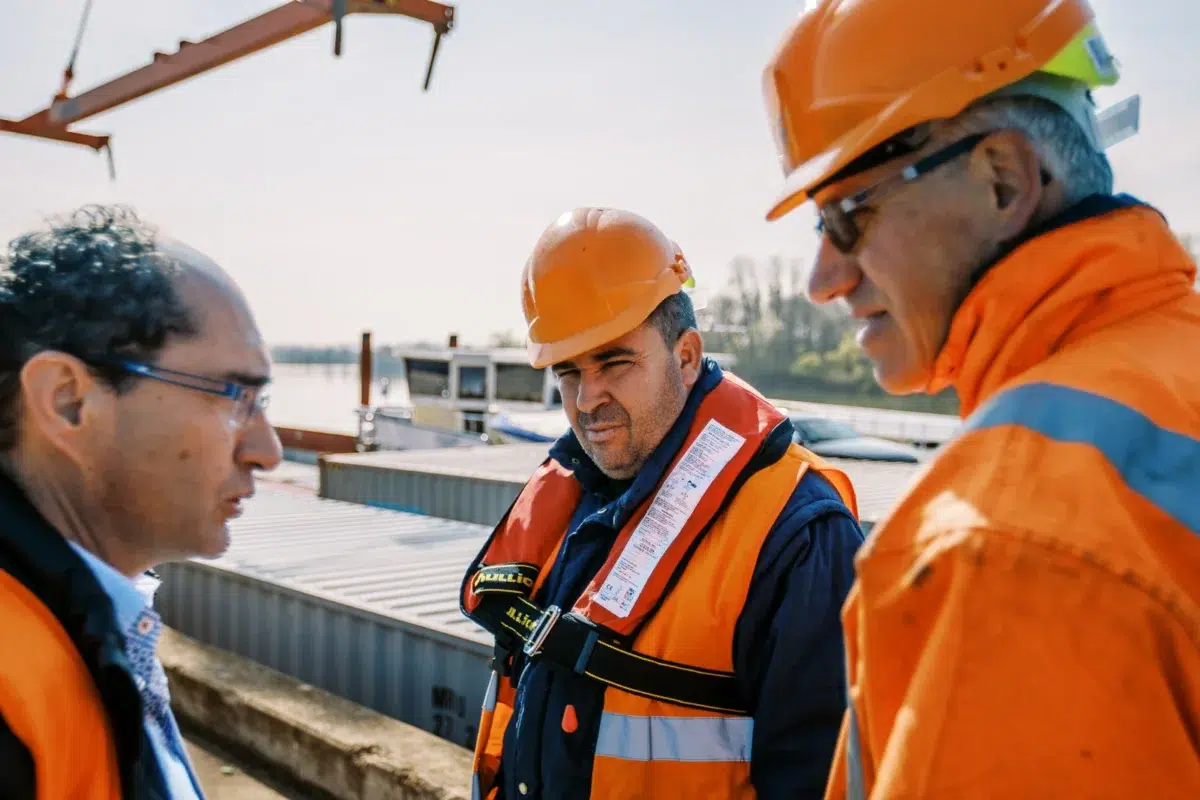 Photographe reportage Lyon : Trois hommes discutent sur un chantier naval, casques de sécurité sur la tête.
