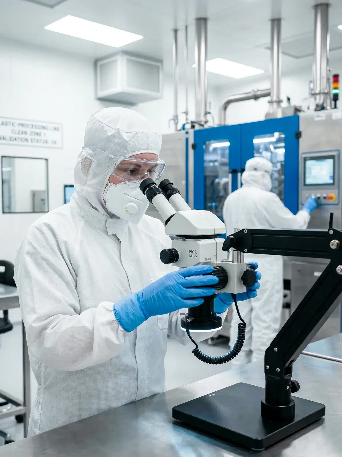 Reportage photo Lyon : Technicienne en tenue stérile utilisant un microscope en salle blanche.