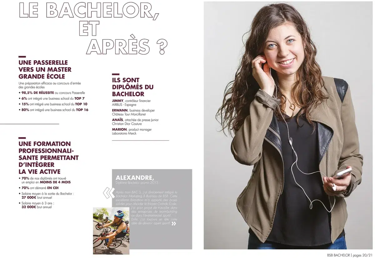 Jeune femme avec casque audio et smartphone, photo publicitaire Lyon pour BSB.