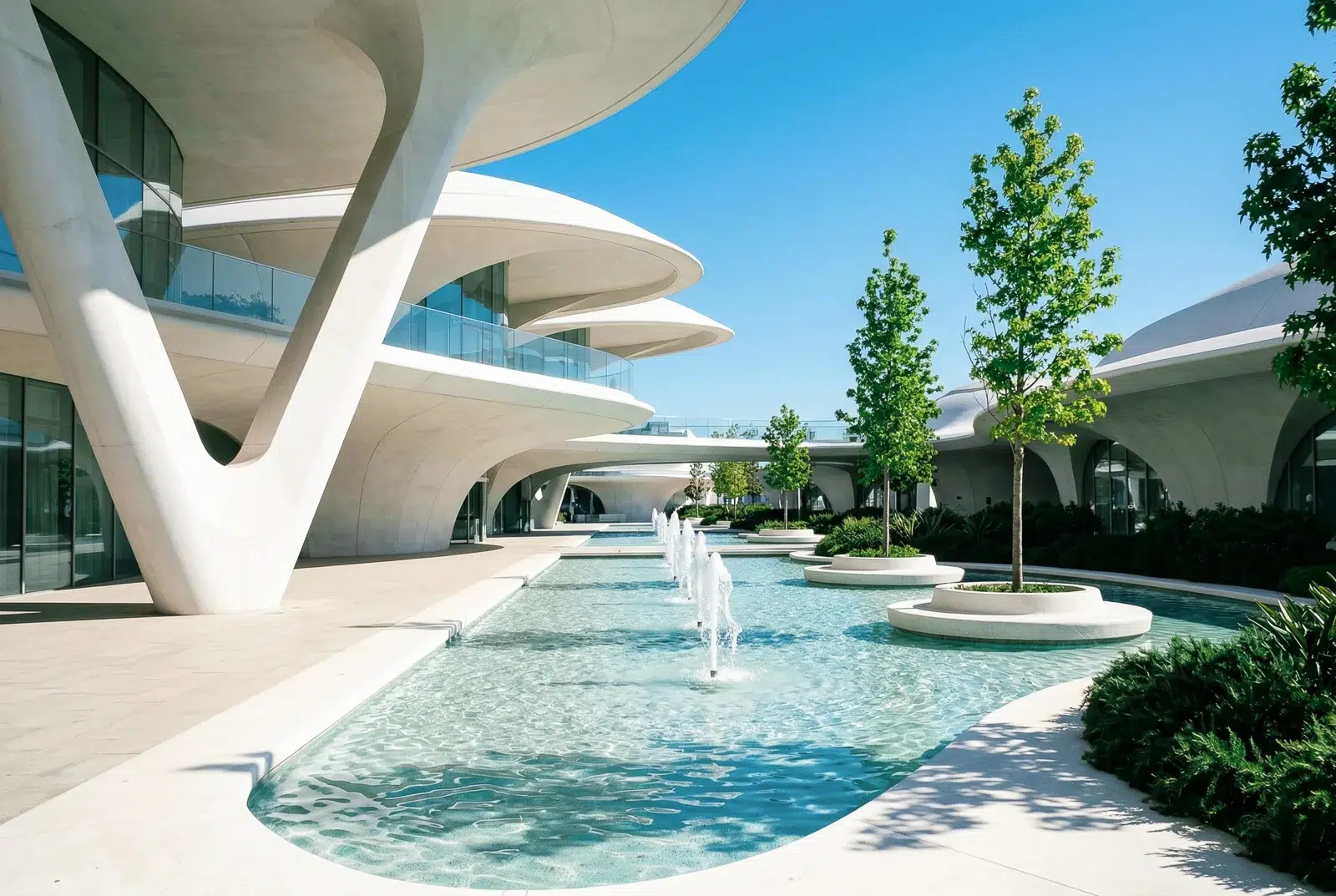 Photographe archi Lyon de structures organiques blanches et bassins d'eau.