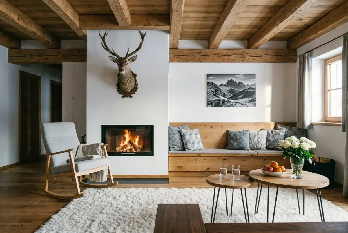 Photographe architecture Lyon d'un intérieur rustique-chic avec tête de cerf.
