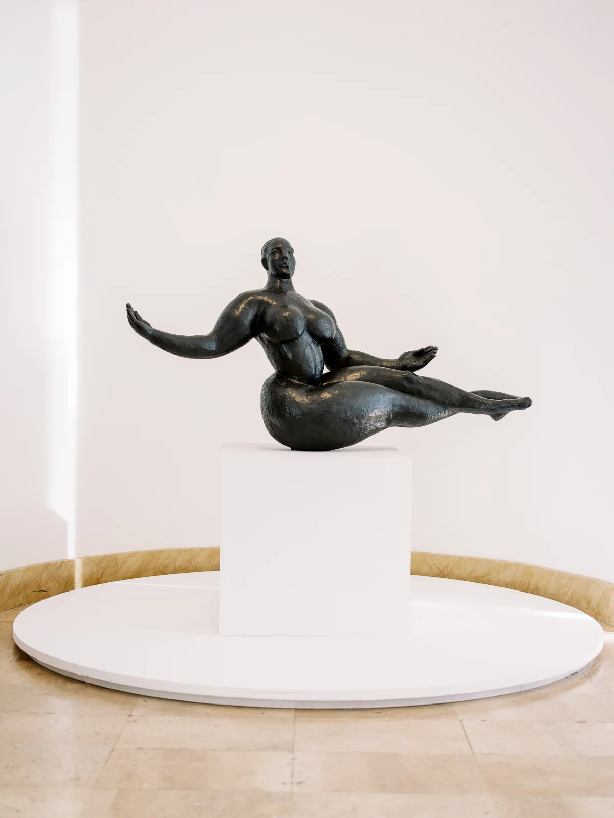Photographe archi Lyon d'une œuvre d'art exposée sur un socle blanc épuré.