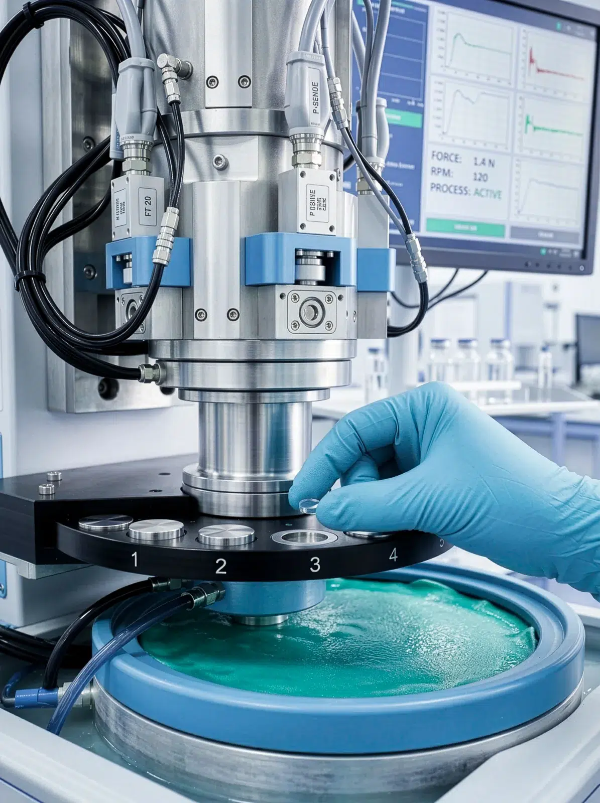 Photographe reportage Lyon : Une main gantée place un petit flacon dans une machine de laboratoire.