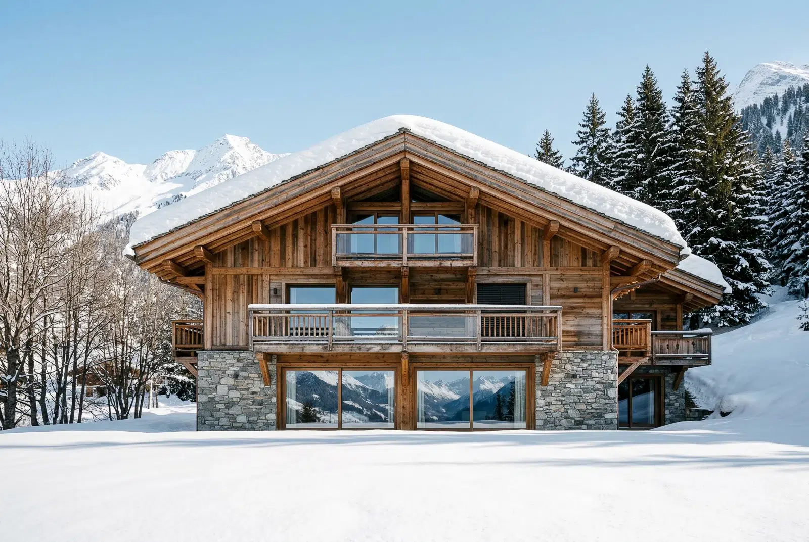 Photographe architecture Lyon présentant la structure symétrique d'un chalet en bois massif.