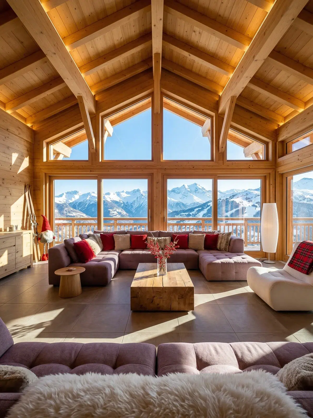 Intérieur de chalet en bois avec vue panoramique sur les Alpes par un photographe architecture Lyon.