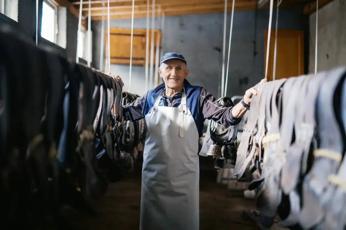 Photographe reportage Lyon : Portrait d'un artisan fromager souriant dans sa cave d'affinage.