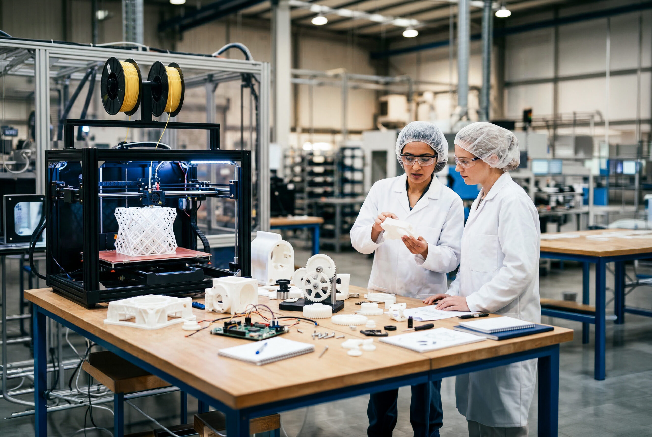 Photographe industriel Lyon : deux ingénieures examinent une pièce imprimée en 3D dans un atelier de fabrication moderne.