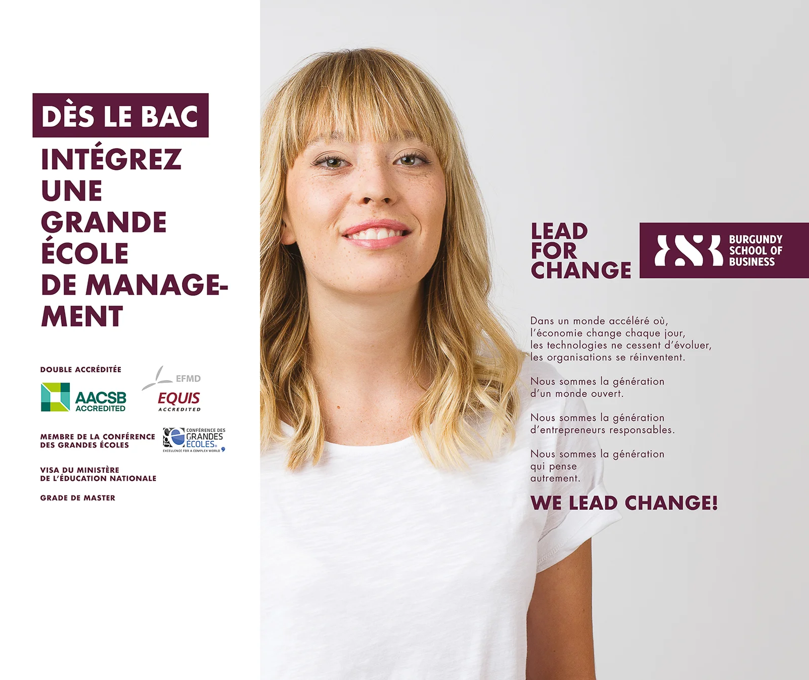 Portrait école de commerce d'une jeune femme souriante pour la campagne Lead For Change de la Burgundy School of Business.