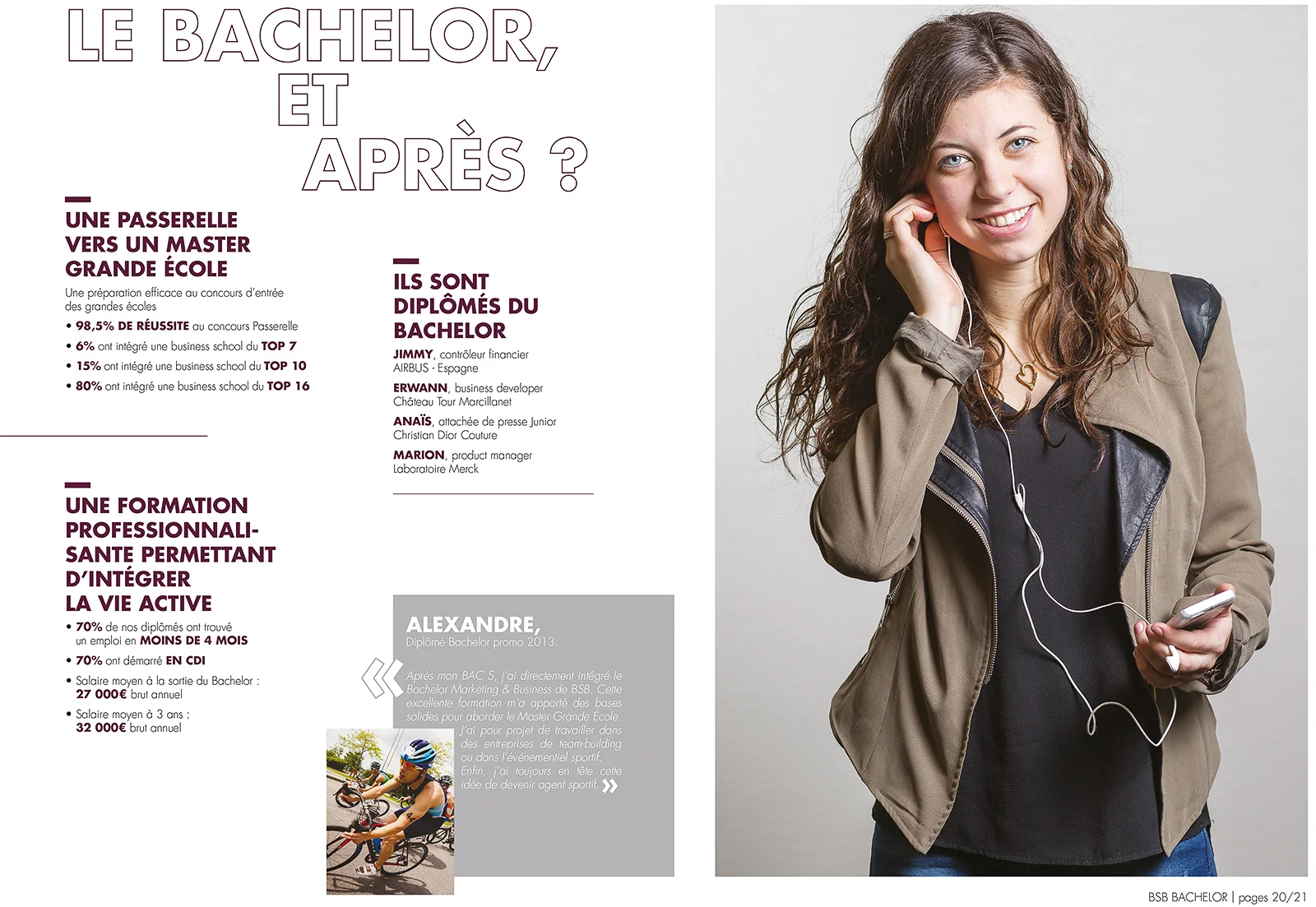 Portrait école des commerce. Diplômée du Bachelor BSB écoutant de la musique, illustrant la vie active.