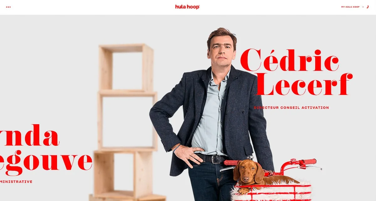 Agence Hula Hoop : capture d'écran du site présentant Cédric Lecerf, Directeur Conseil, avec un chien et un vélo.