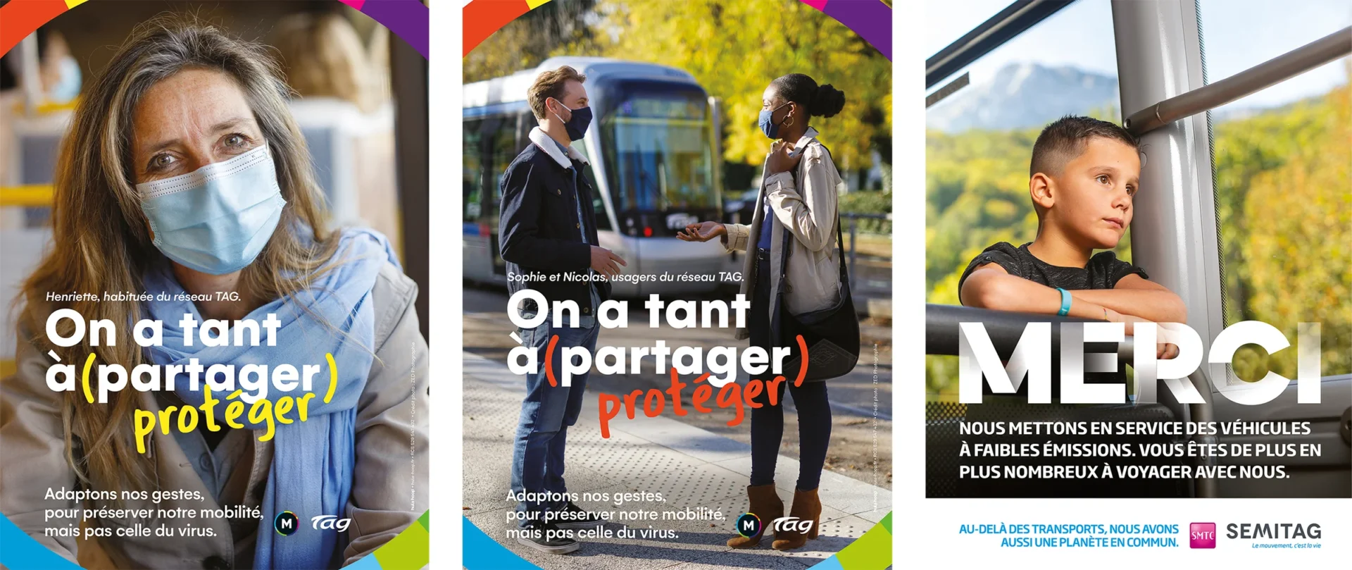 Shooting photo transport en commun regroupant trois visuels de la campagne de communication du réseau M TAG à Grenoble.