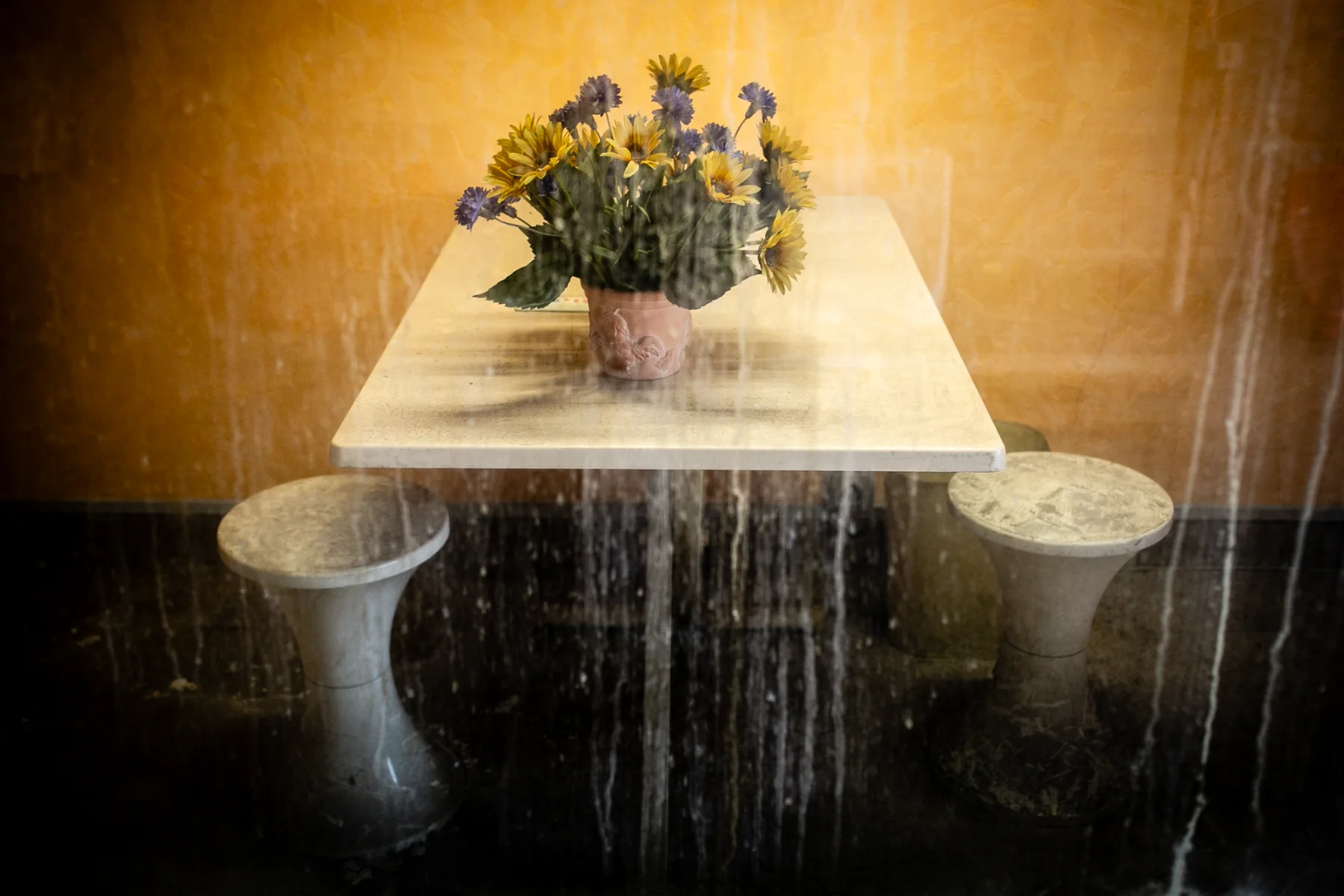 Fleurs sur une table derrière une vitre par un photographe artiste Lyon.