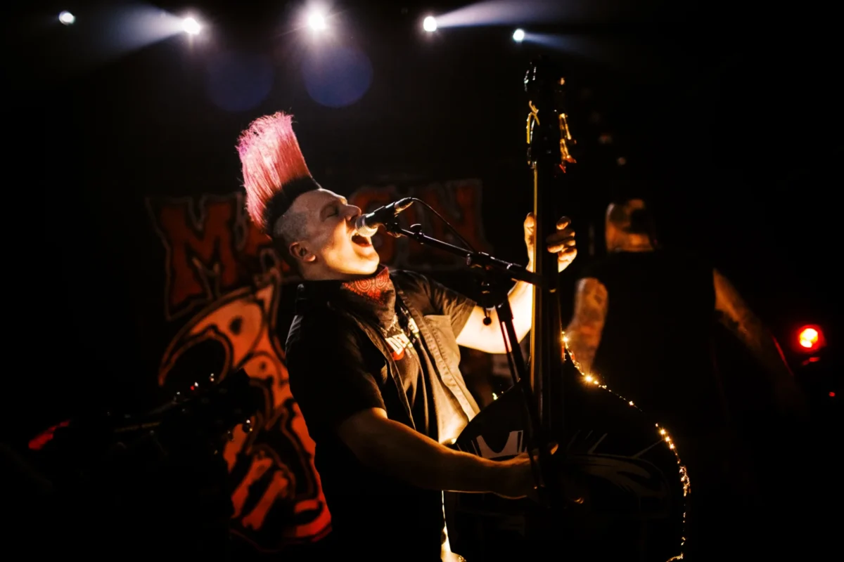 Contrebassiste punk avec crête rose par un photographe artistes Lyon.